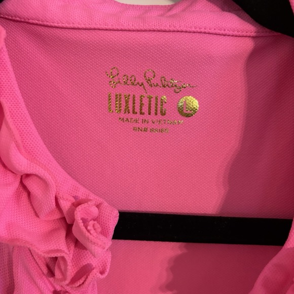 Lilly Pulitzer Frida Ruffle Polo Top  UPF 50 Luxletic Hot Pink SOLD OUT SZ Large - Picture 2 of 5